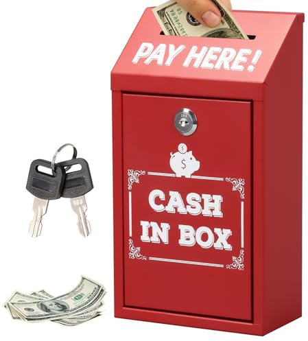 Les-Theresa Donation Box with Lock, Key Drop Box Wall Mounted Collection Box Metal Suggestion Box, Charity Donation Jar with Top Slot Cash Boxes, Secure Cash Drop Box for Home Office Business (Red)