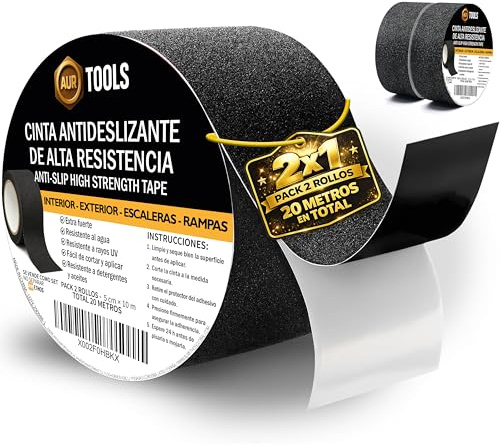 AURTOOLS Cinta antideslizante escaleras – 20 metros - Pack 2 rollos 5 cm x 10 m, adhesivo fuerte e impermeable, alta tracción; interior/exterior, recortable; ideal para escalones, rampas y suelos