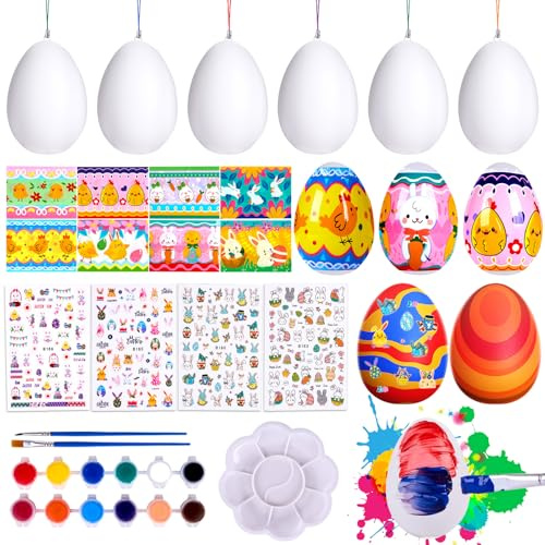 COSBERY DIY Easter Egg Decorating Kit, Craft Eggs to Decorate, Easter Tree Decorations with 25PCS White Plactic Eggs Colorful Lanyards Color Pen Sticker, Egg Painting Kit for Hanging, Gifts for Kids