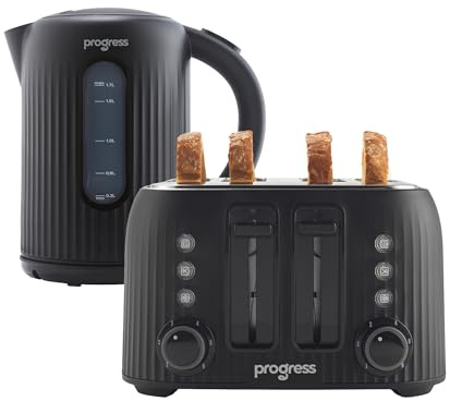 Progress Echo Kettle & Toaster Set – 1.7L 3000W Rapid Boil Kettle & 1600W 4-Slice Toaster, 6 Browning Levels, Defrost/Reheat/Cancel Functions, Removable Crumb Tray, Easy Pour, 360° Swivel Base | 6 Browning Levels, Defrost Reheat Cancel, 360 Degree Swivel Base, Easy Pour Spout, Removable Crumb Tray, Limescale Filter