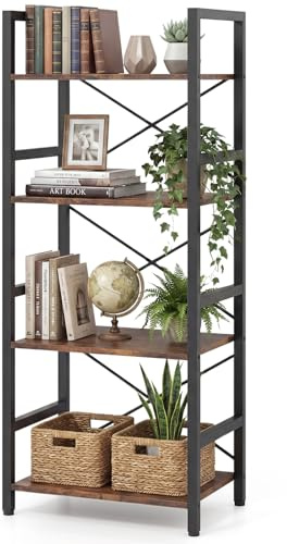 COSTWAY 4-Tier Shelving Unit, Wooden Storage Bookcase Ladder Bookshelf with X-Shaped Bar, Freestanding Metal Frame Display Rack Plant Stand (Rustic Brown, 41 x 27 x 100 cm)