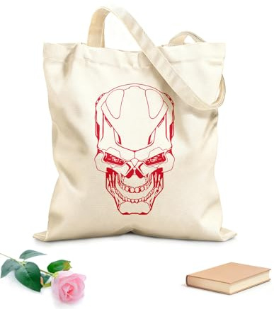 XIARON High-definition printed tote bags Robot Skull Iron Weapons Military Danger 340g/m² thick fabric Reusable L Carmine Red