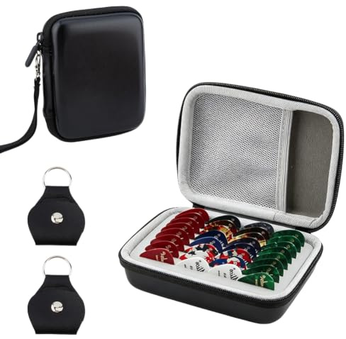 SUPERFINDINGS 1Stück Gitarrenplektrum Aufbewahrungs Etui Eva Schwarz Gitarrenplektrum Halter Tasche mit 2 Stück PU Leder Plektrum Schlüsselanhänger Etuis Tasche Plektren Aufbewahrung Beutel Organizer