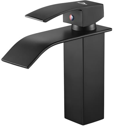 Auralum Wasserhahn Bad Schwarz, Wasserfall Waschtischarmatur für Badezimmer, Einhebelmischbatterie Waschbecken mit Auslauf Höhe 114mm, Geräuschreduzierung, Wassereinsparung