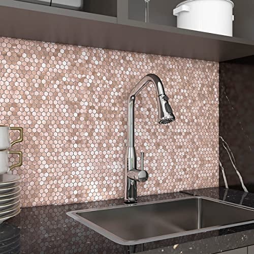BeNice Metal Mini Hexagon Stick on Mosaic Tiles Stickers for Kitchen Splashback Self Adhesive Wall Fireplace(10 Sheets,Brown Rose Gold)