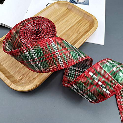 Egurs 12 Meter Kariert Juteband Plaid Bänder Geschenkverpackung Geschenkband Weihnachts Drahtbänder Basteln Dekoration,Draht an der Seite Rot-Grün kariert 5cm