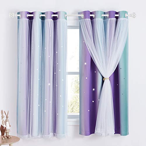 NICETOWN Vorhang Kinderzimmer Junge Ösenschal 2er Set Gardinen mit Ausgehöhlten Sternen Doppellagige Verdunklungsvorhänge mit Voile, H 160 x B 132 cm, Blau+Lila