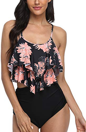 Sixyotie Maillots de Bain Femmes 2 Pièces à Volants Vintage Taille Haute Plage Floral Slim Bikini Set (Aorangeleaf, XL)