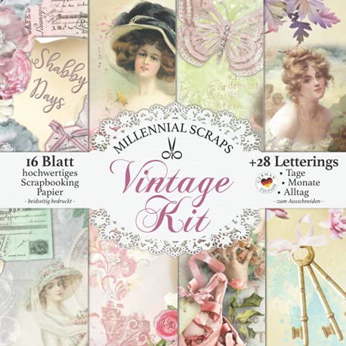 Vintage Kit: Scrapbooking Papier & Zubehör I Praktischer Block mit 16 Blatt + Letterings zum Ausschneiden I Junk Journal Dekor I Geschenkidee für Journaling Liebhaber & Bastelfreunde