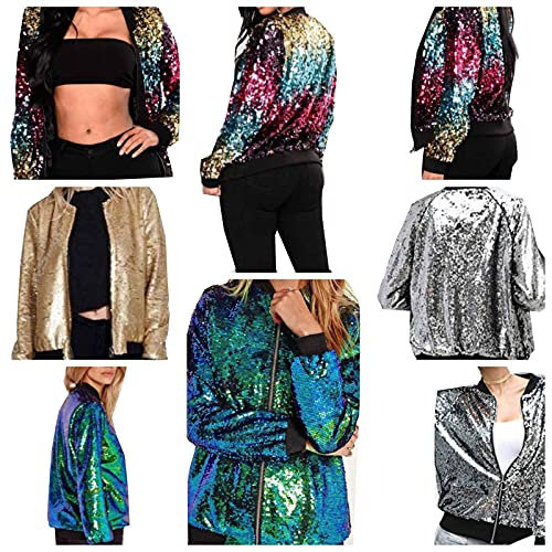 Ladies Sequin Palettes Glitter Bomber Zipper Jacket Sparkle Club Dance Party Festival Baseball 8-16 (Grey, 16-18)