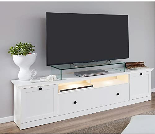 Lomadox TV Lowboard mit LED Unterbaubeleuchtung weiß Landhausstil, B/H/T: ca. 177/49/41 cm