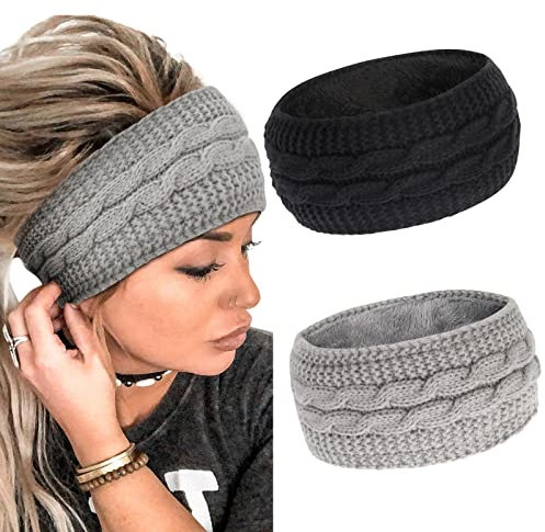2 Stück Winter Stirnband Damen Stirnbänder Gestrickte Verdicken Haarband (Schwarz & Grau)