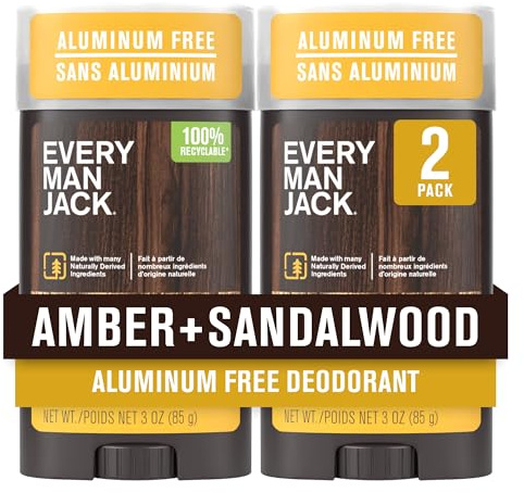 Every Man Jack Aluminum Free Deodorant for Men, Amber Sandalwood, 2pk