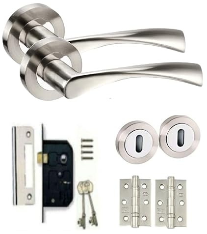 Golden Grace Twist Astrid Door Handles Lock Set, Duo Chrome Finish | Includes matching escutcheon, hinges and 3-lever mortice lock with keys; features a neat screw-on rose to hide fixings.