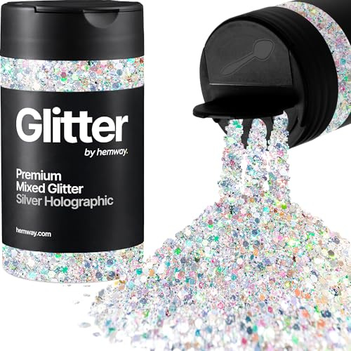 Hemway Silver Holographic Mix Glitter Shaker, 110g Mixed Size Glitter | for Resin & Epoxy Crafts for Decorating, Halloween, Christmas, Nail, Face, Art