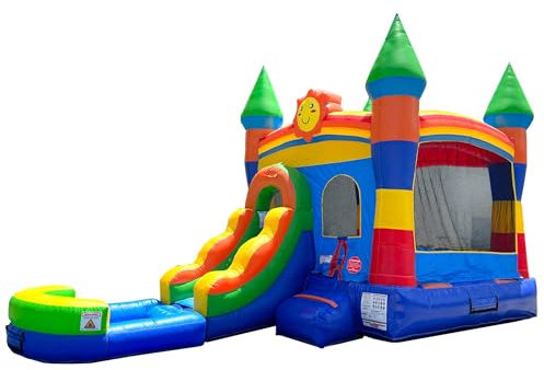 Casetta gonfiabile con scivolo per bambini, 66,5 x 30,5 x 4,5 m, castello arcobaleno con faccina sorridente, con piscina d'acqua, ponticelli per esterni, include ventilatore, picchetti di ancoraggio e