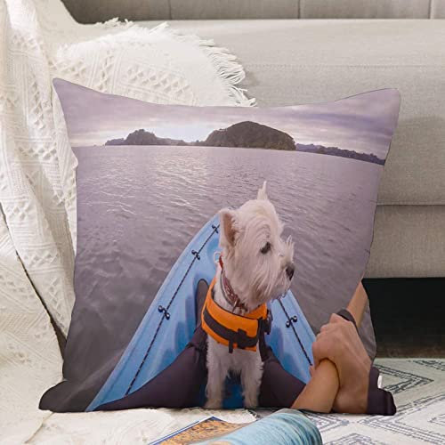 Kissenbezug 45x45 cm,West Highland White Terrier Westie Hund mit Schwimmweste Kajakfahren i,Outdoor Kissen Kissenbezüge Kissenhülle Sofa Kissen dekokissen Zierkissen für Wohnzimmer Garten deko draußen