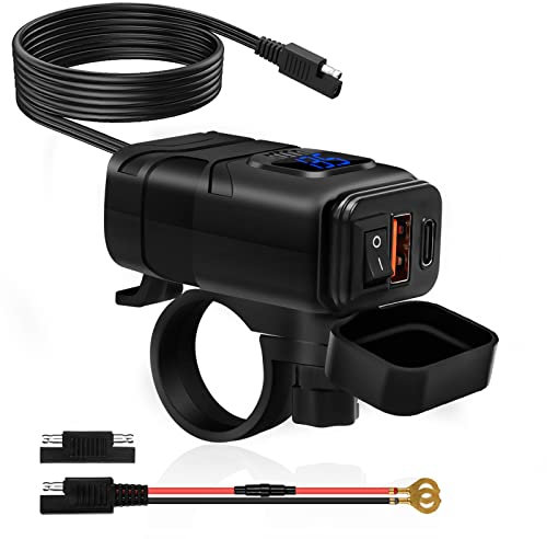 Prise USB Moto, Chargeur USB Moto, QC3.0 USB & PD Type-C, Prise de Chargeur Moto USB, Prise USB 12V Moto, avec Interrupteur et Voltmètre LED, pour 12V~24V Voiture, Camping-Car, Bateau