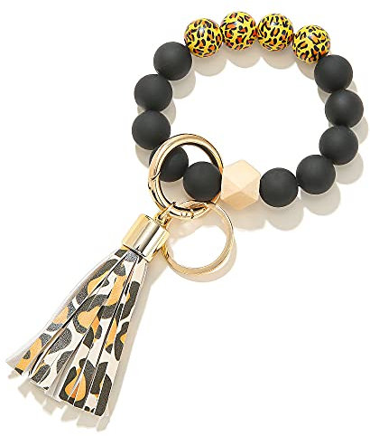 Sither Silikon Schlüsselanhänger Ring für Frauen Muster Schlüsselanhänger Armband Armreif mit Quaste Auto Schlüsselanhänger Halter für Mutter Geschenk, Leopardenmuster 3, Large