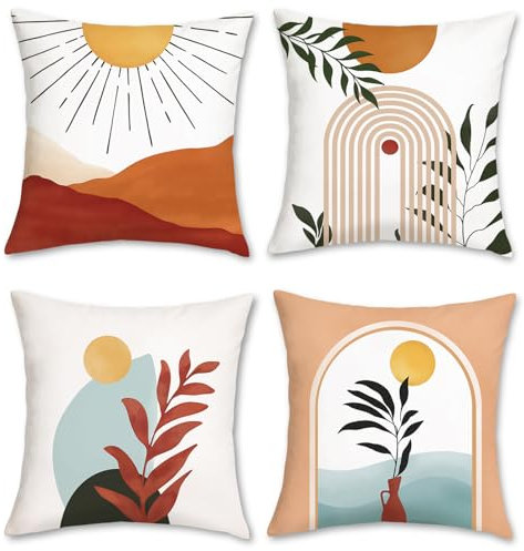 Bonhause 4er Set Kissenbezüge Boho Abstrakt 45 x 45 cm Sonne Bogen Blätter Samt Soft Dekorative Kissenhülle Modern Minimalistisch Zierkissenbezüge für Garten Outdoor Wohnzimmer Zuhause Dekoration