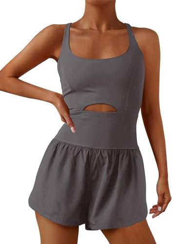 ReachMe Damen-Einteiler, Laufeinteiler, Workout-Strampler, athletischer Strampler, einteiliges Outfit, Übungs-Jumpsuits, Fitnessstudio, Yoga-Kleidung, dunkelgrau, M