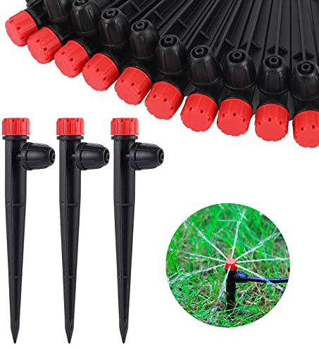 Foco de riego por goteo ajustable de 360 grados a 5 pulgadas con estaca para mangueras de riego por goteo de 1/4 pulgadas, gotero de riego para sistema de riego de jardín (50 unidades Red Drip)