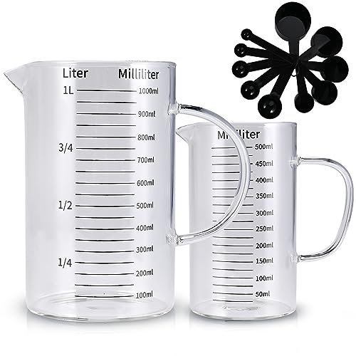 Faburo Glass Measuring Jug, 2PCS Measuring Jug Set 500ML / 1000ML, Small Measuring Jug with Measuring Spoon, Measuring Cups with Angled Suitable for Kitchen Baking.