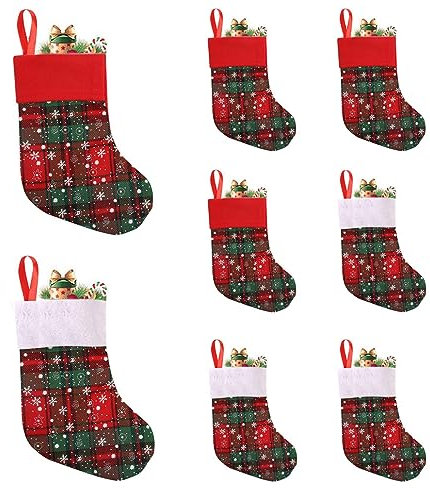 RXXR 8 Stück Schneeflocke Grün Plaid Weihnachtsstrümpfe, Hängende Strümpfe für Weihnachtsdeko Geschenk, Partydekoration Christmas