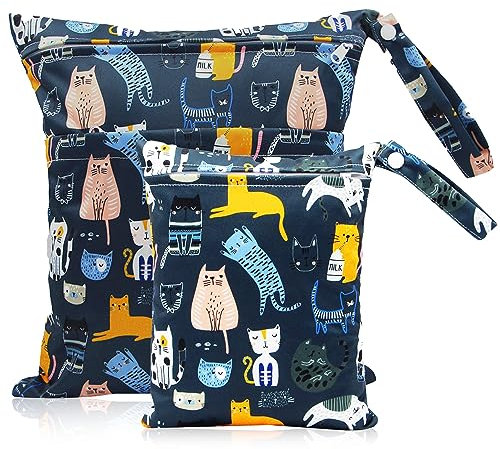 Loscarol 2 Stück Wetbag Kindergarten Groß, Nasstasche Wet Bag Windeltasche Klein, Nassbeutel Kindergarten Personalisiert for Baby Stoffwindeln (Katze)