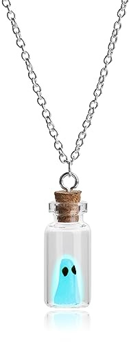 ONBRIG Ghost Necklace Adopt A Ghost In A Jar Necklace for Women Men Halloween Necklace Ghost In A Bottle Pendant Necklace Clow In The Dark Ghost Necklace Fun Halloween Jewelry (2_ghost blue light)
