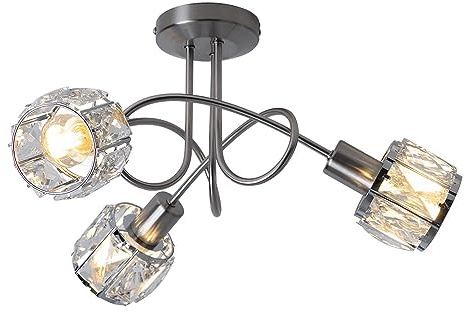 Deckenlampe Deckenleuchte Wohnzimmerlampe Glaskristalle Küchenleuchte, Metall Chrom, 3x E14 Fassungen, DxH 38x24 cm