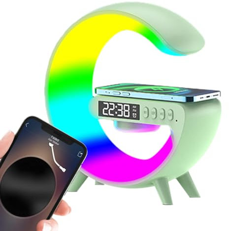 tongfeng Atmosphärenlampe Mit Kabellosem LadegeräT | G Förmiger Blue-Tooth Lautsprecher Mit Lichtwecker | Nachtlicht Lampe Mit Wireless Charger | Dimmbare LED Tischlampe Alarm Clock