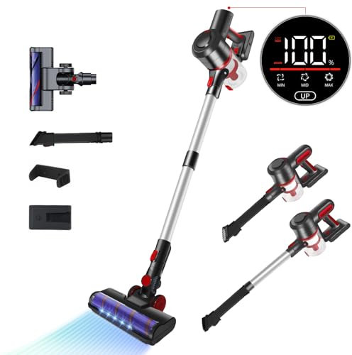 bestyks 450W/40000Pa Akku-Staubsauger, Bis zu 60 Min Laufzeit Staubsauger Kabellos, Aufrechter/Stabstaubsauger mit Anti-Tangle-Bodenbürste/LED-Display, mit Hartböden/Tierhaare/Teppich