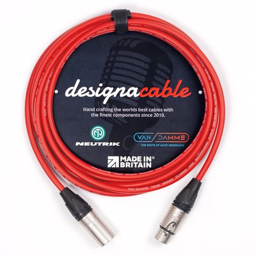 designacable.com 20m - Red Balanced XLR to XLR Cables - Handmade in the UK using Van Damme XKE Microphone Cable & Neutrik Female NC3FXX & Male NC3MXX XLRs.