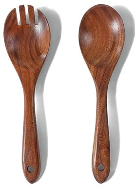 Set di 2 posate da insalata in legno di ulivo, cucchiaio da insalata, forchetta in legno d'ulivo, posate in legno, forchetta per insalata, pasta, frutta, utensili da cucina