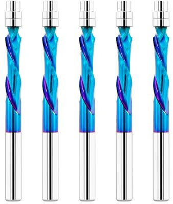 FOCSTOL Fresa a Compressione 6,35mm - 5 pezzi Fresa per Legno CNC, Punte per Router a Spirale con Cuscinetto Inferiore per Rifilatura Legno