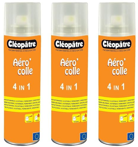 Cleopatra - Lote de 3 aerosoles (250 ml, pegamento aerocol, 4 en 1, reposicionable, ajustable, orientable)