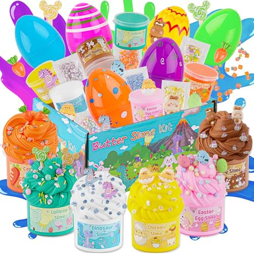 LAWOHO 6 Ostern Slime Set- ButterSchleim für Kinder mit Easter Eggs & OsternSchleim Add-ins, Fluffy Schleim Set für Mädchen & Jungen, 360ml Easter Butter Slime Making Kit, Schleim Kinder Party Favors