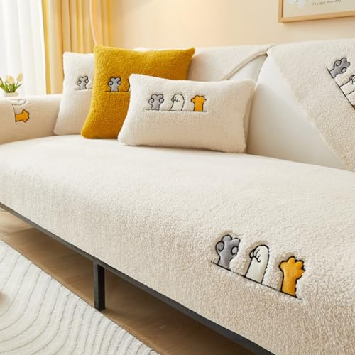 LINTRY rutschfeste Samt Sofabezug, L Form 1 2 3 4 Sitzer Weicher Sofaüberwurfe, Cuddly Sofahusse Sofa Couch überzug Ecksofa, Sofaschoner für Hunde (Weiß, 70 * 150cm)