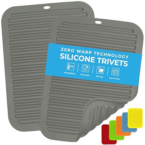 Silicone Trivets & Pot Holders - 2Pack - Zero Warp Technology - Heat Resistant - Non-Slip - Flexible - Durable Kitchen Drying Mat Set (Grey, 30cm, Rectangle)