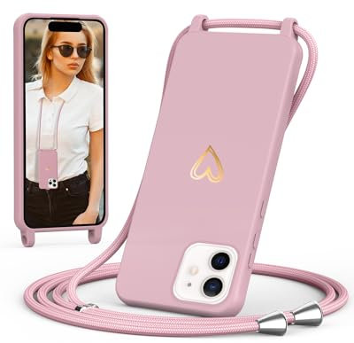 ScandiCasis Handykette für iPhone 12 Mini mit Band, Handyhülle mit Schnur zum Umhängen, Weiche TPU Silikonhülle mit Band [Verstellbar] [Abnehmbar], Love Design Halskettenhülle, Rosa