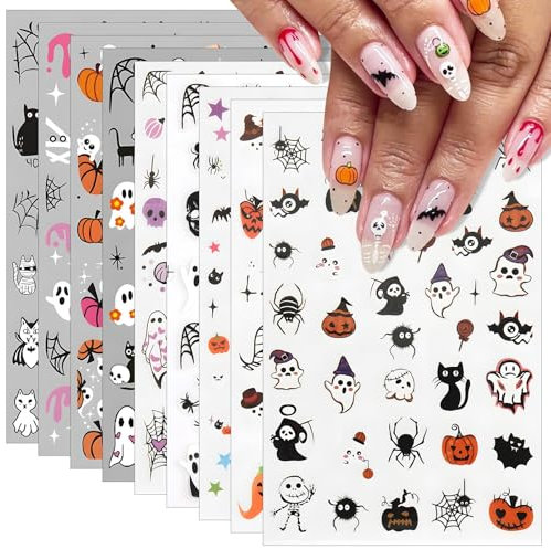 BOOMTOP 9 Sheets Halloween Nail Art Stickers, Self-Adhesive Cute Ghost Pumpkin Spider Web Nail Decals Halloween Nail Art Decoration Supplies
