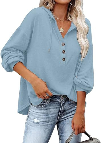 VIGVAN Kapuzenpullover Damen Hoodie Langarm V-Ausschnitt Pullover Knopfleiste Henley Sweatshirt mit Kapuze Kordelzug Oberteil (Hellblau,XL)