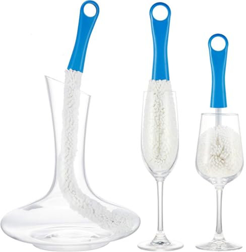 TINGJUNN 3-Piece Set of Wine Glass Cleaning Brush, Multifunctional Household Cleaning Tool, Bendable, Suitable for Tall Glasses/Champagne Glasses/Cups/Glasses (Blue)