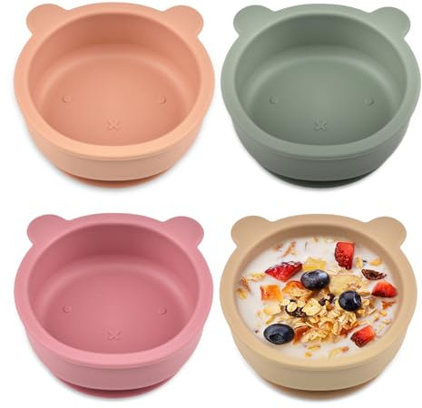 GOEDCH Bols en Silicone pour Bébé avec Ventouse: 4 Bol en Silicone Anti-Fuite et Anti-Dérapant, Bol Ours en Silicone Portable pour Enfants, Sans BPA, Antidérapants, Doux, Sûr, pour Bébés, Enfants