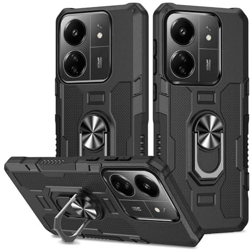 HTXWXJC Phone Case for Redmi 13C Case, Redmi 13R 5G/Xiaomi Poco C65/Xiaomi Poco M6 5G Ring Holder Built-in Magnetic Car Mount Shockproof Camera Protective Cases Cover for Xiaomi Redmi 13C Black