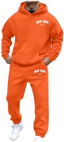 Mens Two Piece Outfits Sets Summer Jogging Suits Sports Suit Hooded Long Sleeves Sweatshirt + Drawstring Slacks with Pockets Outfit Track Suit 2 Piece Casual Sweat Suits Orange