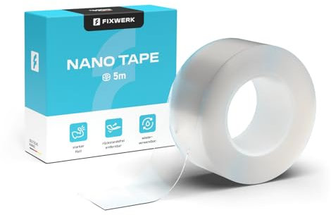 FIXWERK Nano Tape | transparentes Klebeband mit extra starker Haftung | wiederverwendbar | wasserfest | durchsichtiges Mehrzweck Klebeband für Heim, Schule und Büro, 5m x 3cm x 0,5mm (Einseitig)