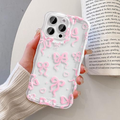 UEEBAI Bow Case for iPhone 14 Pro Max 6.7, Wavy Cute Ribbon Pretty Aesthetic Case Curly Stylish Soft Wave Clear Phone Case Shockproof Protective Pretty Cover for Women Girl - Pink