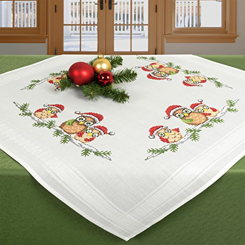 KAMACA Stickpackung Weihnachten Kreuzstich vorgezeichnet komplettes Stickset mit Stickvorlage Stickerei-Kit zum Selbersticken (Weihnachtseulen mit Mütze MD 80x80 cm)
